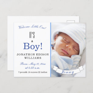 It's a Boy! Modern Blue Baby Photo Birth Announcement Postcard