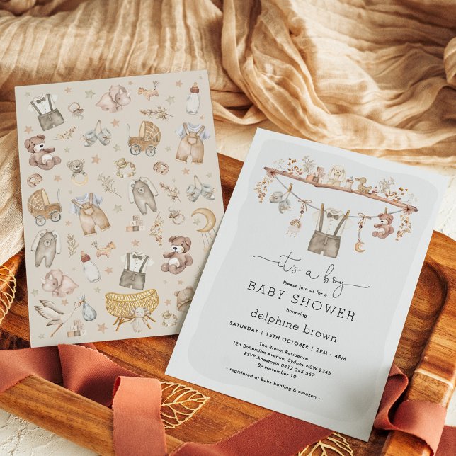 It's a Boy | Modern Boho Baby Boy Clothes Shower Invitation (Creator Uploaded)