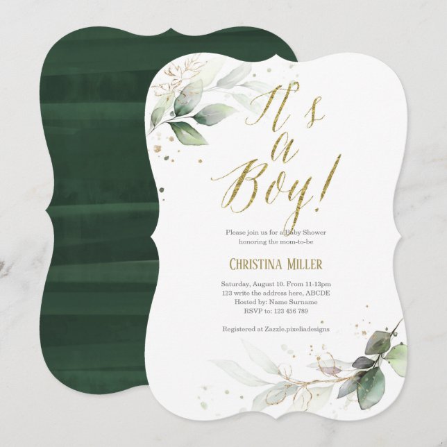 Its a boy, Modern, Botanical, Baby Boy Shower Invitation (Front/Back)