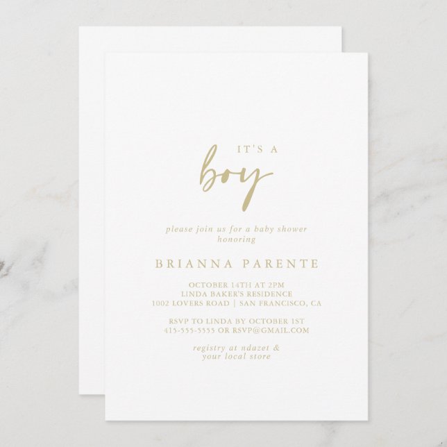 It's A Boy Modern Elegant Gold Baby Shower  Invitation (Front/Back)