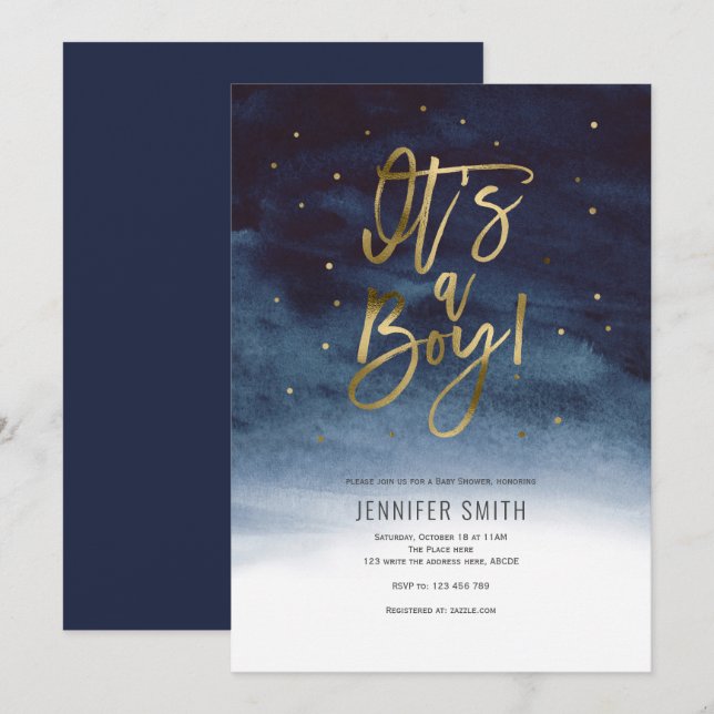 Its a boy, Modern, Gold, Baby Shower Invitation (Front/Back)