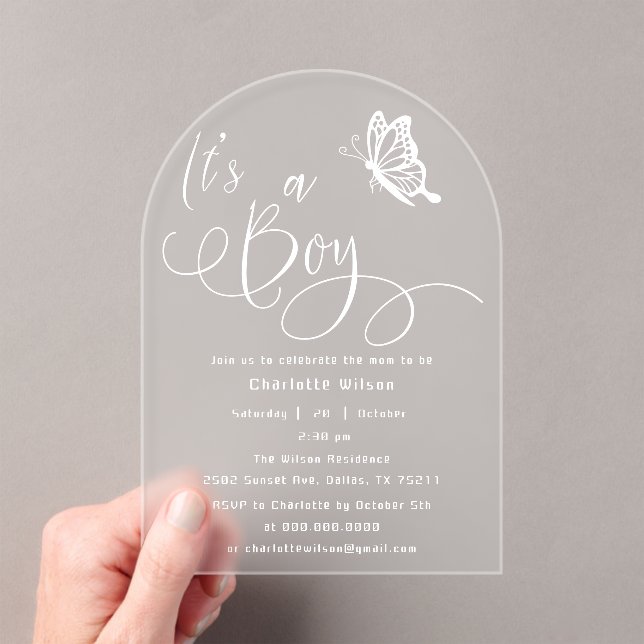 It's A Boy Modern Minimal Butterfly Baby Shower Acrylic Invitations (Insitu (Handheld))