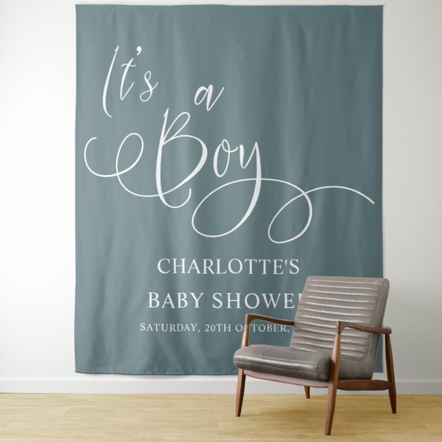It's a Boy! Modern Minimal Calligraphy Baby Shower Tapestry (In Situ)