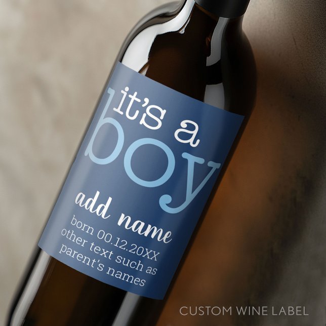 It's A Boy - Modern, Whimsical Navy Blue Wine Label (Custom Wine Bottle Label - Personalize a Sticker for a fun gift or memento)