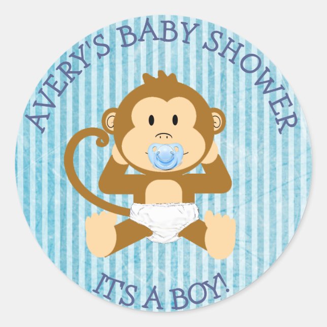 Its a Boy, Monkey Baby Shower Blue stickers (Front)