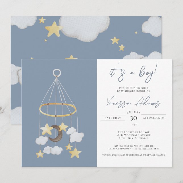 Its a Boy! Moon & Stars Baby Mobile Nursery Shower Invitation (Front/Back)