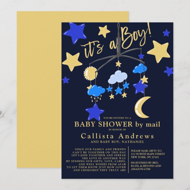 It's a Boy Moon Stars Mobile Baby Shower By Mail Invitation (Front/Back)