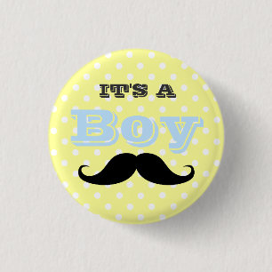 Its A Boy Moustache Yellow and Blue Baby Shower 3 Cm Round Badge