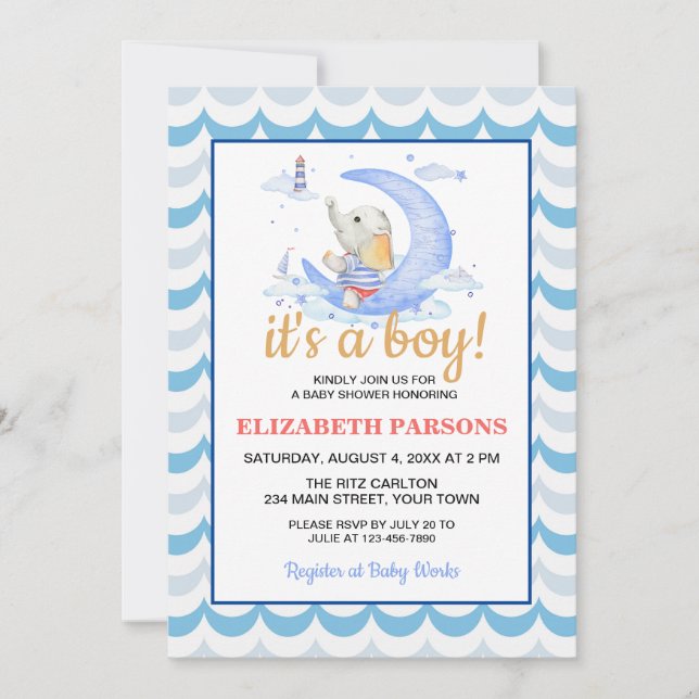 It's A Boy Nautical Moon Baby Shower Invitation (Front)