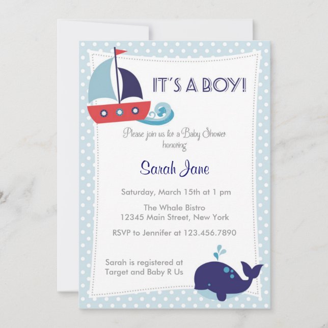 It's A Boy Nautical Sailboat Baby Shower Invite (Front)