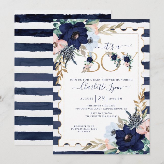 It's A Boy Navy Blue & Blush Floral Baby Shower Invitation (Front/Back)