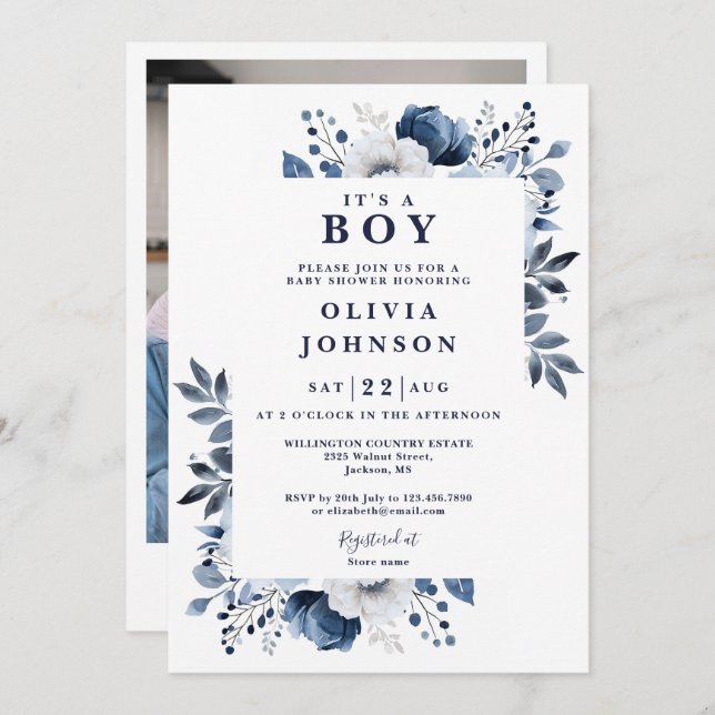 Its A Boy Navy Blue Floral Photo Baby Shower Invitation (Front/Back)