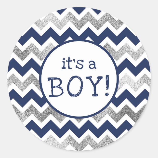 It's a Boy navy silver baby shower favour sticker (Front)