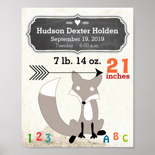 It's A Boy! New Baby Stats Cute Fox Poster (Front)