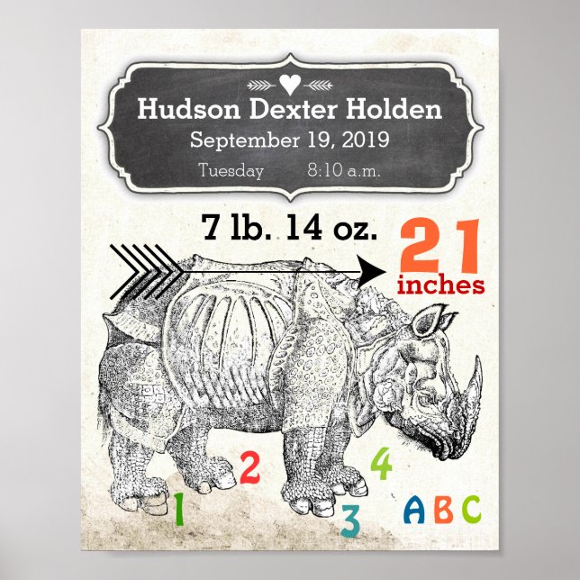 It's A Boy! New Baby Stats Rhinoceros Poster (Front)