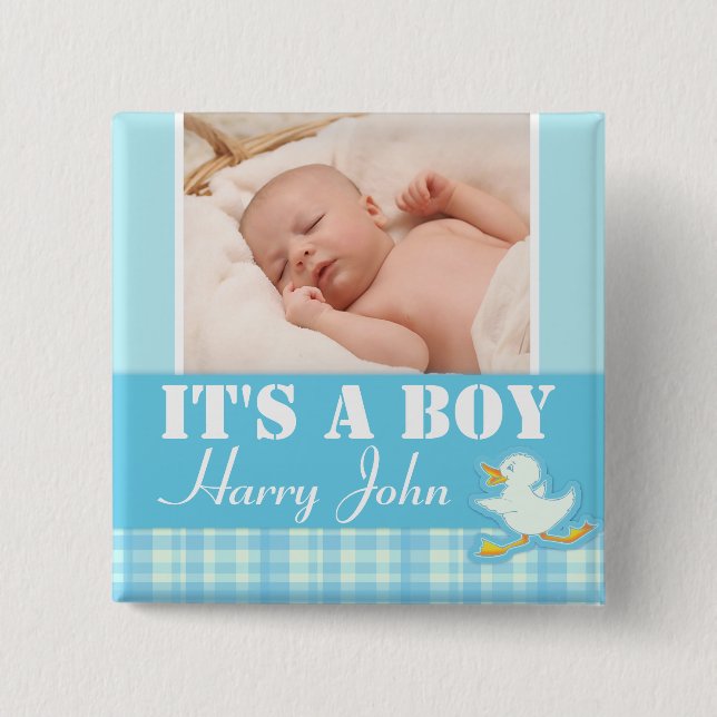 It's a boy newborn photo and name blue badge (Front)