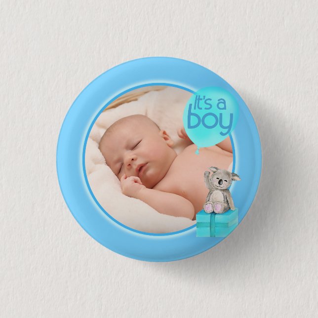 "It's a boy" newborn photo koala baby blue badge (Front)