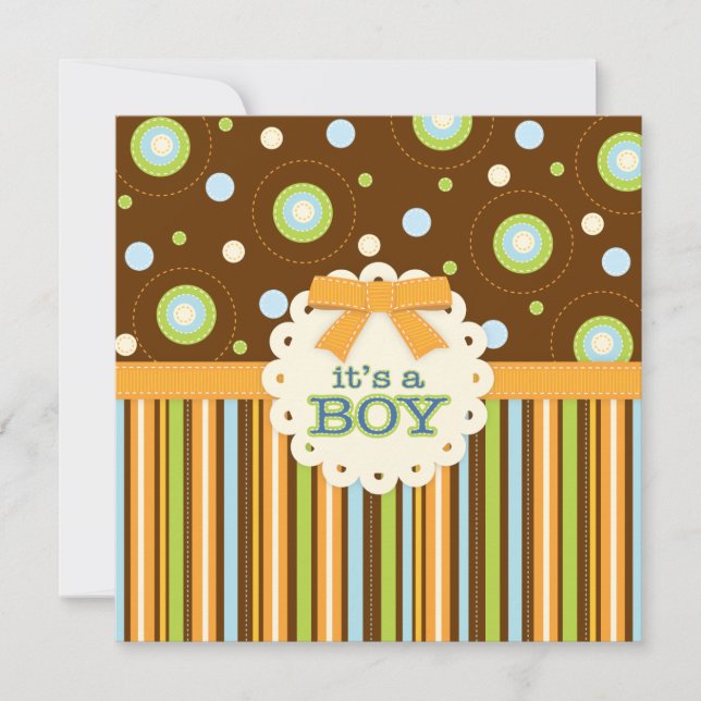 It's a Boy Orange & Blue Stitches Baby Shower Invitation (Front)