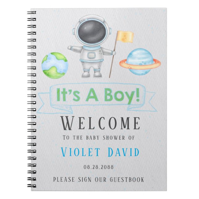 It's a Boy Outer Space Boy Baby Shower Guestbook Notebook (Front)
