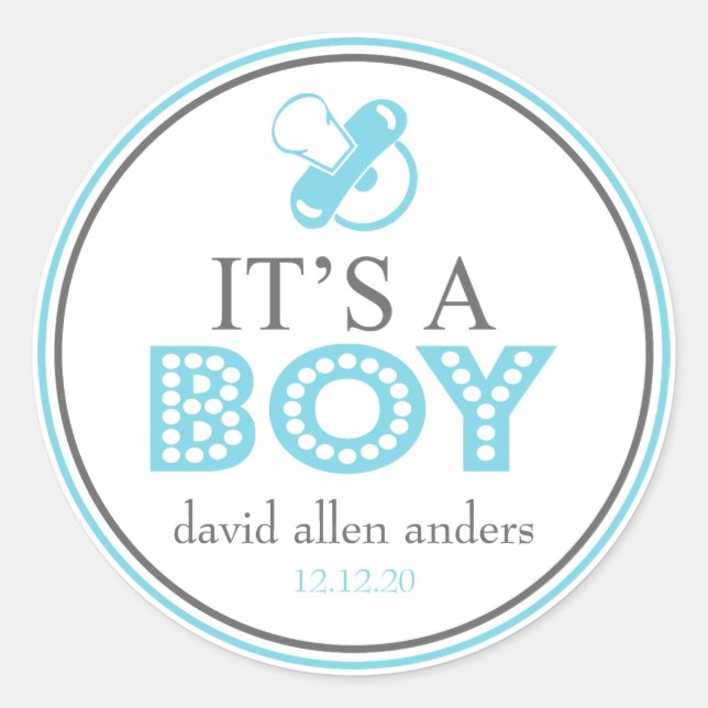 It's A Boy Pacifier Favour Sticker (Blue / Grey) (Front)