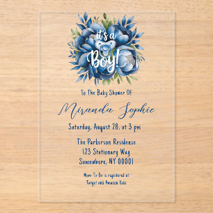 It's a Boy! Pacifier & Peonies Baby Shower Acrylic Invitations