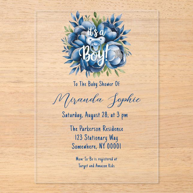 It's a Boy! Pacifier & Peonies Baby Shower Acrylic Invitations (Front)