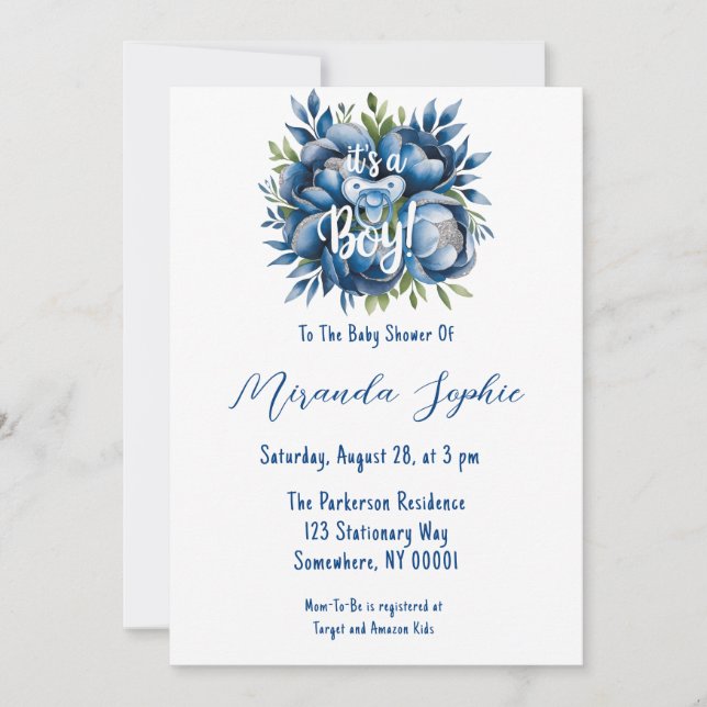 It's a Boy! Pacifier & Peonies Baby Shower Invitation (Front)