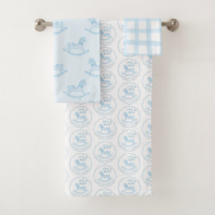 It's A Boy Personalised Blue Rocking Horse Gingham Bath Towel Set