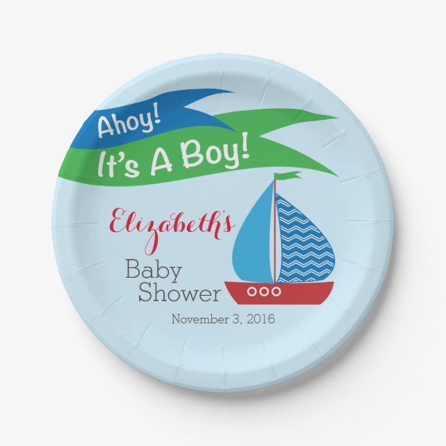It's A Boy, Personalised Nautical Baby Shower Paper Plate (Front)