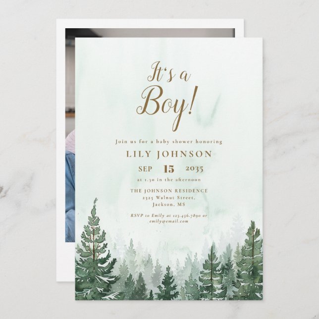 Its A Boy Pine Tree Forest Baby Shower Photo Invitation (Front/Back)