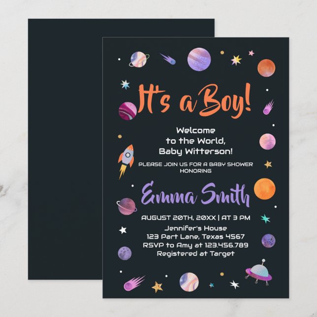 It's a Boy Planets Outer Space Baby Shower Invitation (Front/Back)