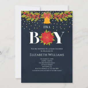 It's A Boy Poinsettia Bell Christmas Baby Shower Invitation