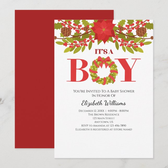 It's A Boy Poinsettia Christmas Baby Shower Invitation (Front/Back)