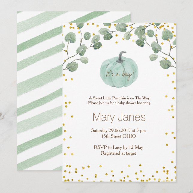 it's a boy pumpkin baby shower watercolor invitation (Front/Back)