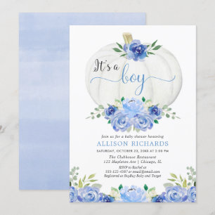 It's a boy pumpkin blue floral white baby shower invitation