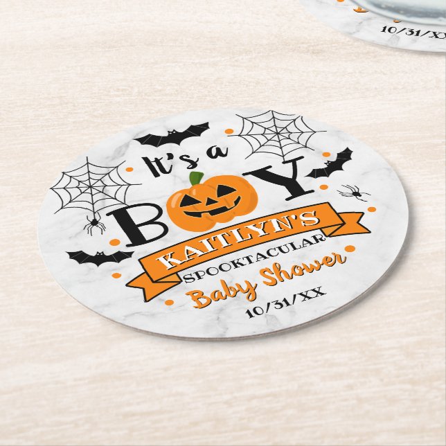"It's A Boy" Pumpkin Halloween Baby Shower Round Paper Coaster (Angled)