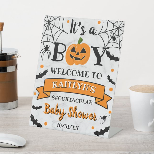 "It's A Boy" Pumpkin Halloween Baby Shower Welcome Pedestal Sign (In SItu)