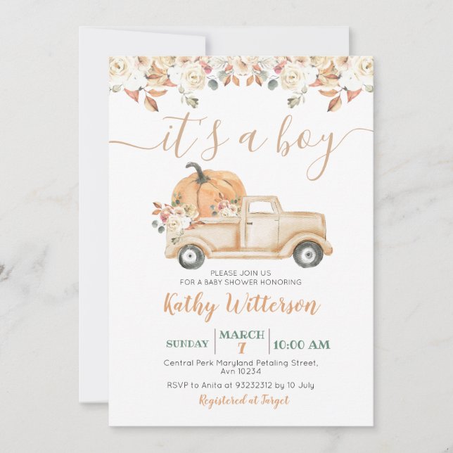 It's a Boy Pumpkin Truck Rustic Floral Baby Shower Invitation (Front)