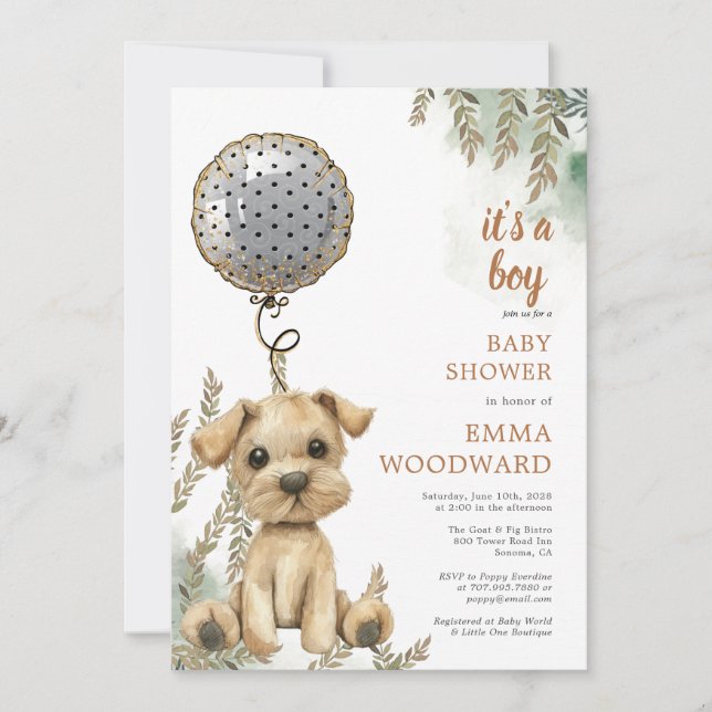 It's A Boy Puppy Balloon Baby Shower Invitation (Front)