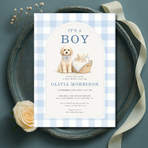 It's a Boy Puppy Dog Gingham Baby Shower Invitation