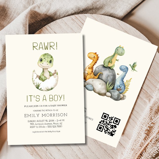 It's a Boy QR Code Cute Dinosaur Baby Boy Shower Invitation (Creator Uploaded)