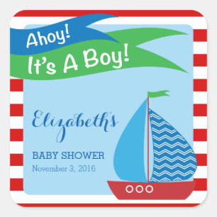 It's A Boy, Red Nautical Baby Shower Square Sticker
