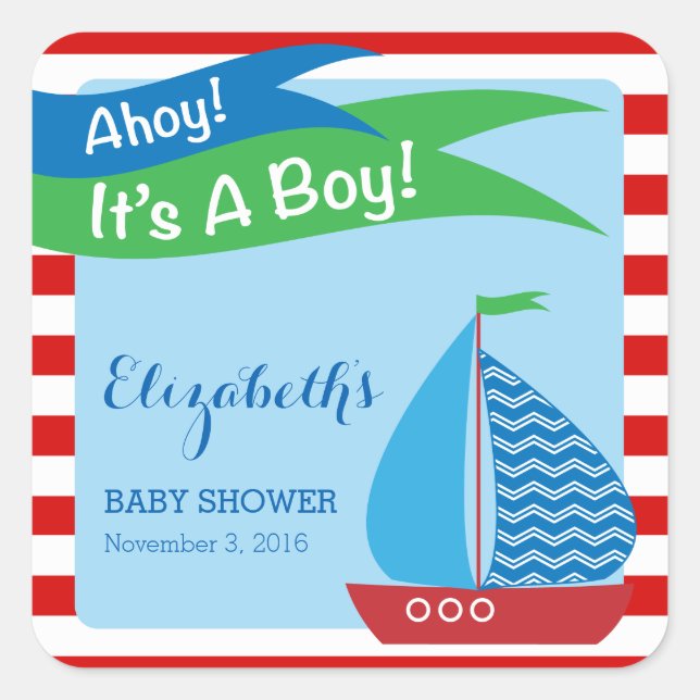 It's A Boy, Red Nautical Baby Shower Square Sticker (Front)