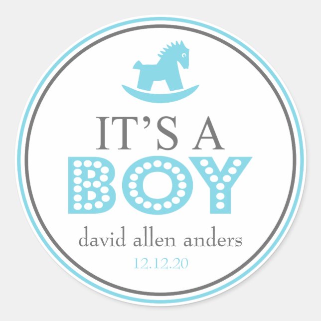 It's A Boy Rocking Horse Favour Sticker (Blue) (Front)