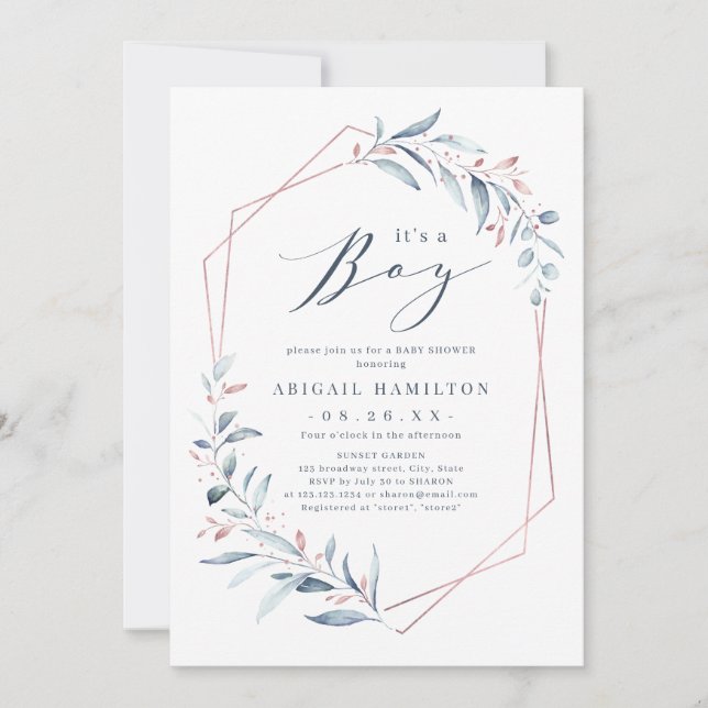 It's a Boy rose gold Blue Greenery Baby Shower Invitation (Front)