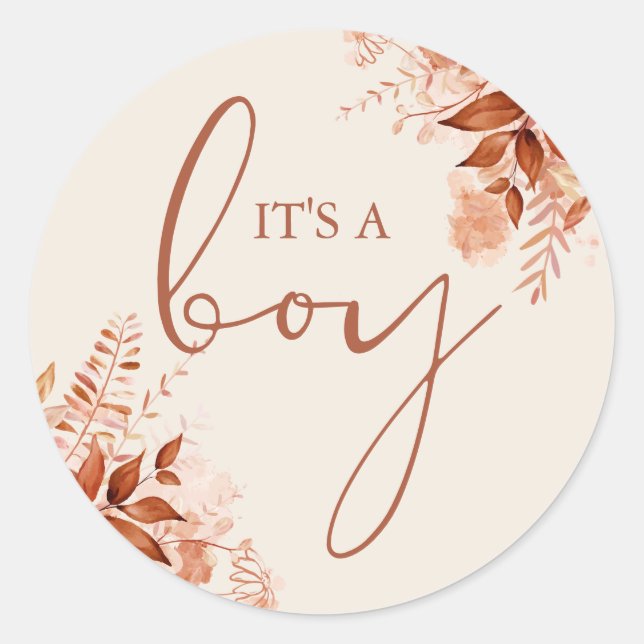 Its A Boy Rustic Autumn Fall Baby Shower Favour Classic Round Sticker (Front)