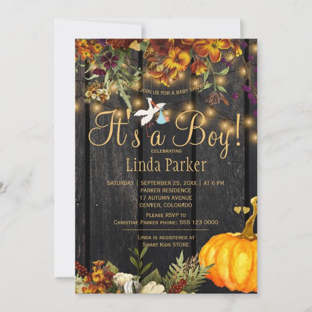 It's a boy rustic autumn pumpkin baby boy shower invitation (Front)