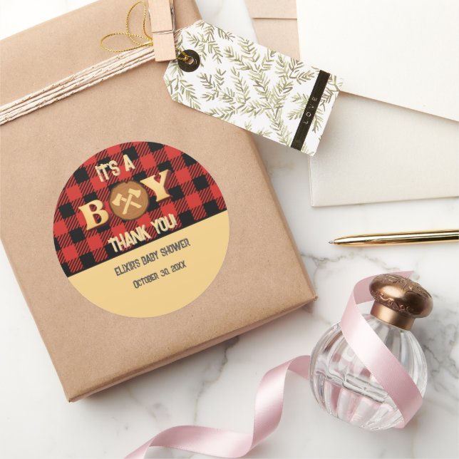 It's a boy Rustic Lumberjack Flannel Baby Shower I Classic Round Sticker (Gifting)