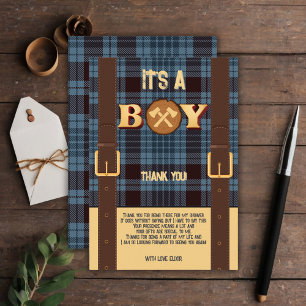 It's a boy Rustic Lumberjack Flannel Baby Shower I Thank You Card