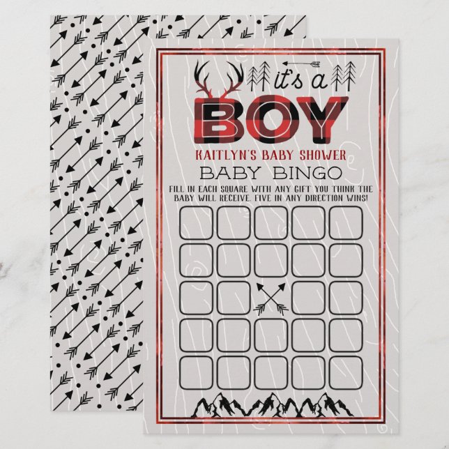 It's A Boy! Rustic Plaid Lumberjack Baby Bingo (Front/Back)